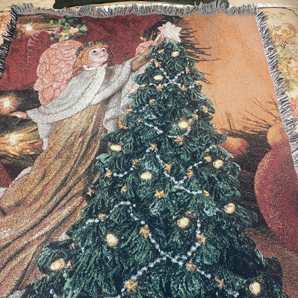 Christmas Angel Woven Tapestry cotton Throw Holiday Decor Fringe Metallic 60x48